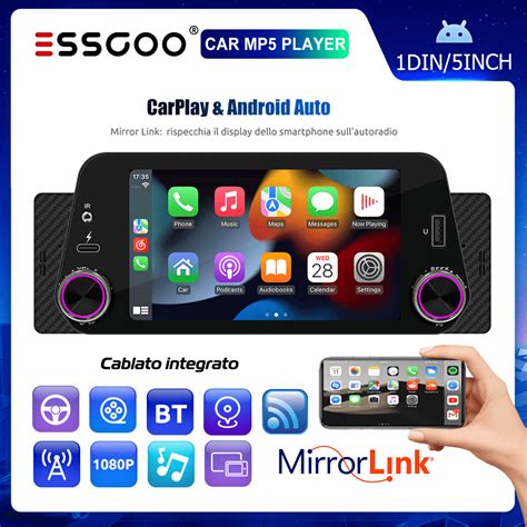 ESSGOO 5 Android Auto Carplay 1 Din HD Tela Sensível Ao Toque Rádio