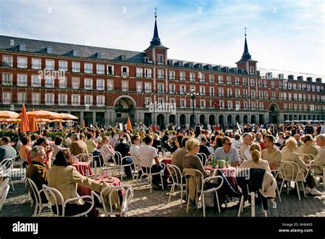 Terraces Of Bars And Tourists In The Plaza Mayor Madrid Spain Stock