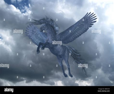 Pegaso Caballo Negro Se Levanta Sobre Grandes Alas Hacia Un Cielo Azul