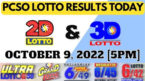 Pcso Lotto Results Today October 9 2022 5pm 2d Ez2 And 3d