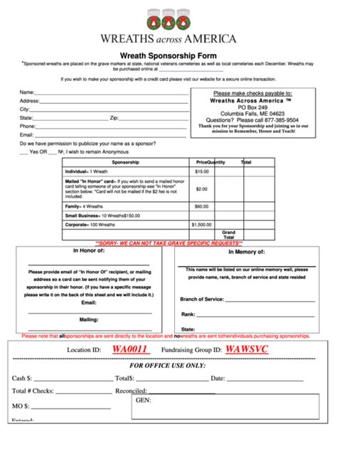 Wreath Sponsorship Form - Wreaths Across America Tm printable pdf download