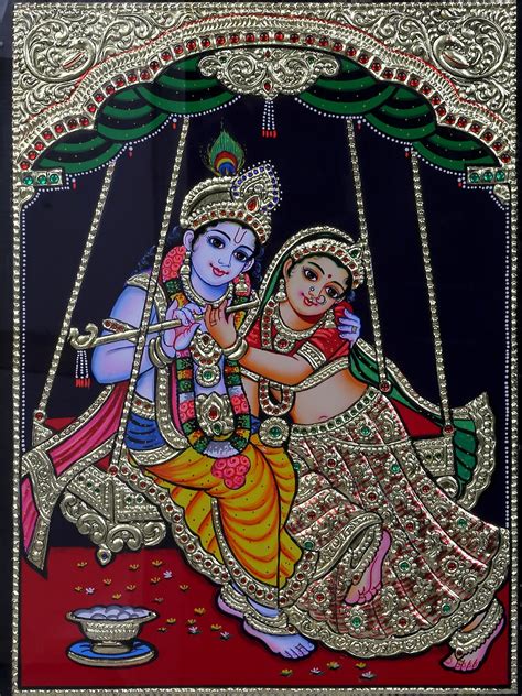 Radha Krishna Riding On Jhula Tanjore Painting Traditional Colors