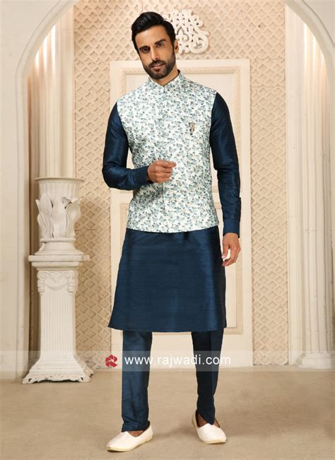 Festive Wear White And Blue Nehru Jacket Set