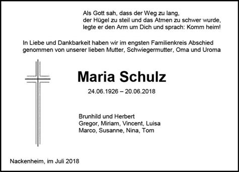 Traueranzeigen Von Maria Schulz Vrm Trauer De