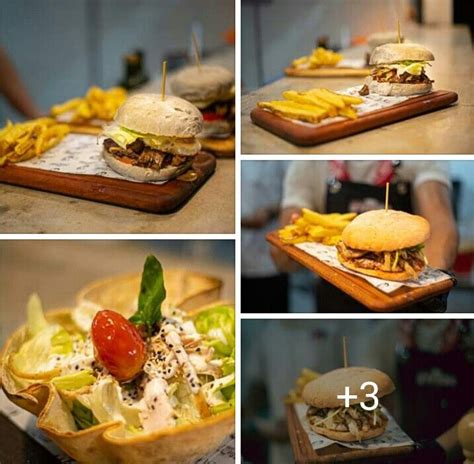 Four Pictures Showing Different Types Of Sandwiches And French Fries On