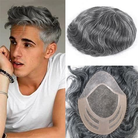 Toupet De Cheveux Humains Gris Argent M Lang Pour Hommes Syst Me De