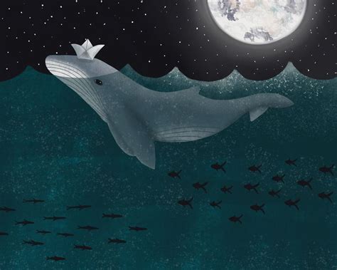 A Whale Floating In The Ocean Under A Full Moon With Stars And Fish