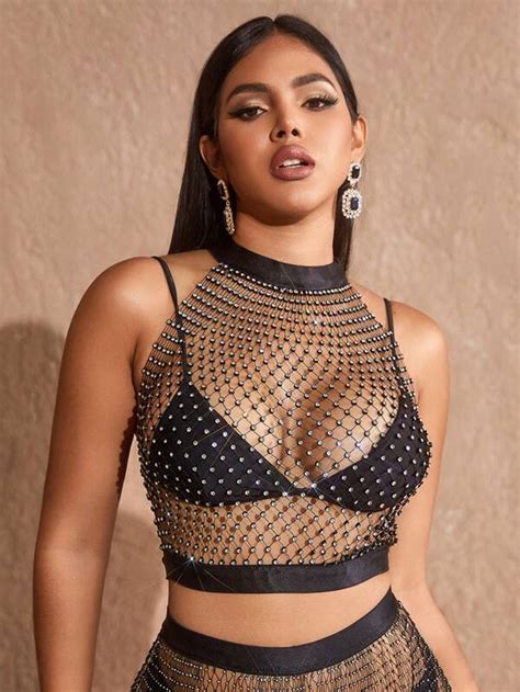 Apperloth A Rave Rhinestone Detail See Through Fishnet Crop Tank Top