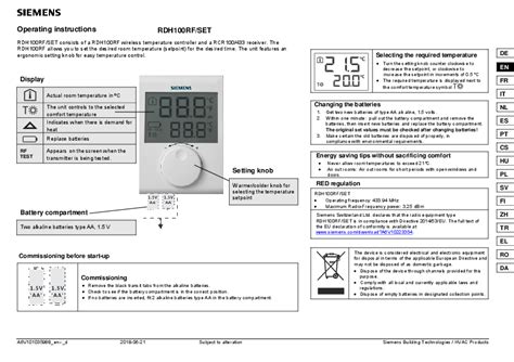 SIEMENS RDH100RF SET Wireless Room Thermostat With LCD User Guide