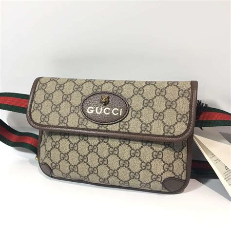 Gucci 經典 虎頭標誌 Supreme帆布 綠紅綠織背帶 皮革飾邊 腰包 胸包 名牌精品 精品包與皮夾在旋轉拍賣