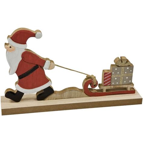 Décoration père Noël en bois tirant sa luge REF DEK0583