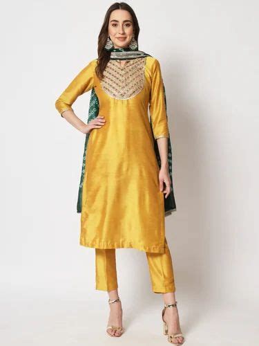 Mustard Embroidered Straight Kurti With Pants And Bandhani Dupatta At