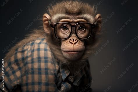 A Monkey Wearing Glasses And A Checkered Shirt With A Tie On It S Head