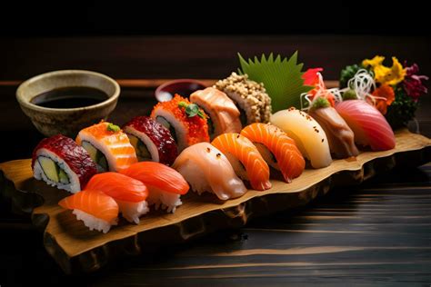 Japanese food - Sushi in wooden platter in traditional sushi bar Ai ...