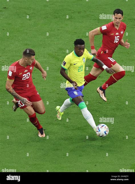 Brazil S Vinicius Junior C Dribbles Past Serbia S Sasa Lukic R And