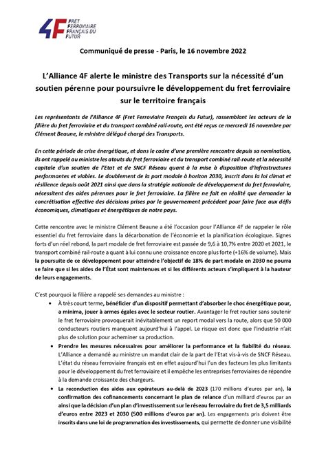 Communiqué de presse 4F RDV Clément BEAUNE ministre des Transports