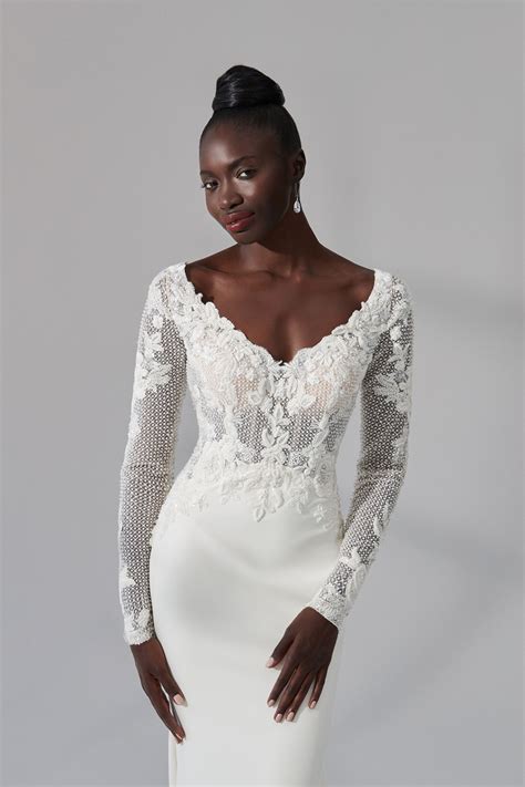 Lewis Beaded Crepe Fit And Flare Gown With Long Sleeves And Tulle