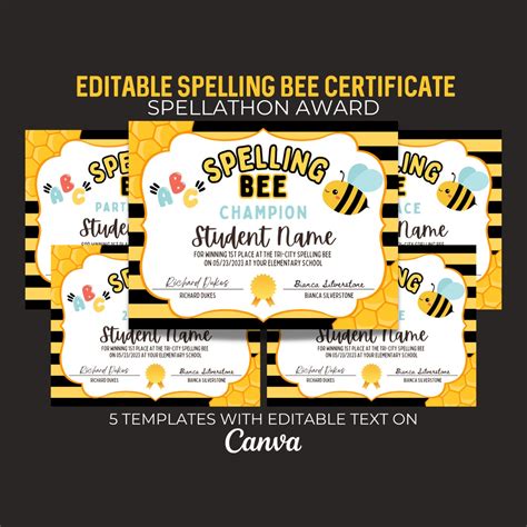 Editable Spelling Bee Certificates Spelling Bee Printable Etsy