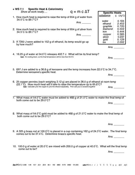 Specific Heat Ws Answers Name Answer Key Date Chp