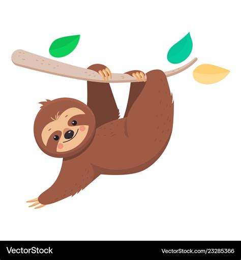 Joyful Cute Cartoon Sloth Hanging On A Branch Vector Image