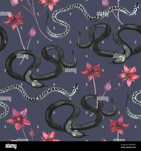 Watercolor Gothic Seamless Pattern With Black Snakes And Red Flowers