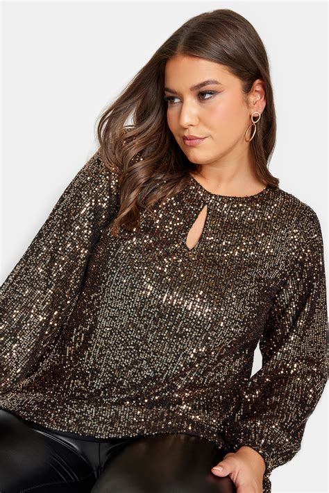 Yours London Plus Size Gold Sequin Keyhole Long Sleeve Top Yours Clothing