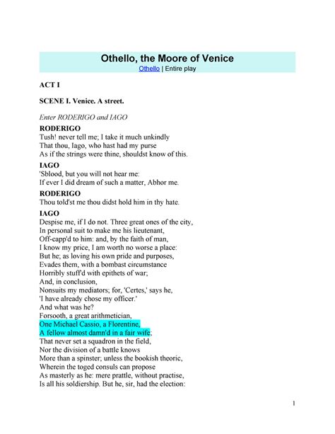 Othello Full Text Reading Othello The Moore Of Venice Othello