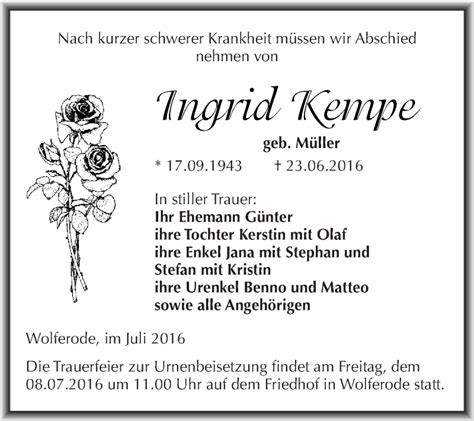 Traueranzeigen Von Ingrid Kempe Abschied Nehmen De