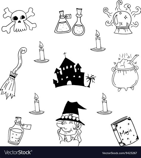 Castle And Witch Element Halloween Doodle Vector Image