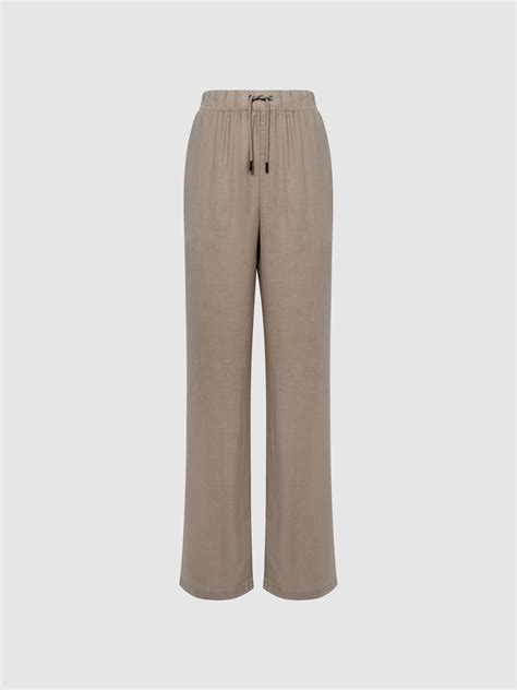 Reiss Linen Wide Leg Drawstring Trousers In Mink Reiss