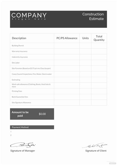 Construction Estimate Template Word