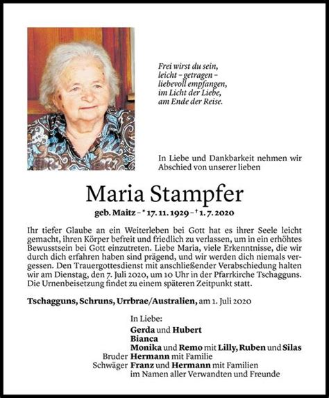 Todesanzeigen Von Maria Stampfer Todesanzeigen Vorarlberger Nachrichten