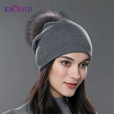 Enjoyfur Winter Women Real Fur Pom Pom Hats Wool Knitted Thick Warm