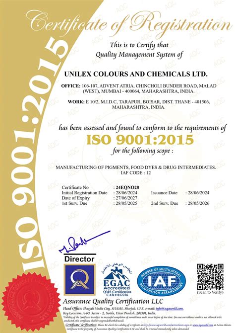 Certifications Unilex Colours Chemicals Limited