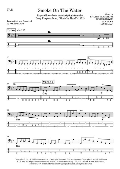 Smoke On The Water Arr Jared Plane Sheet Music Deep Purple Bass