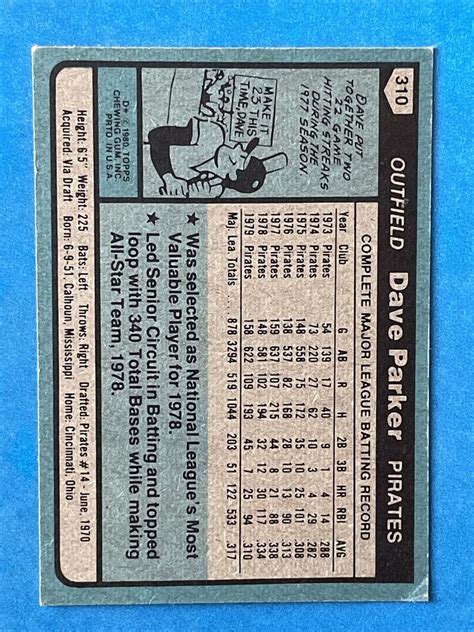 1980 Dave Parker Topps 310 Pittsburg Pirates Nl All Star Card Nm