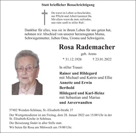 Traueranzeigen Von Rosa Rademacher Trauer In NRW De