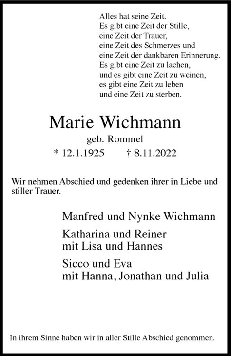 Traueranzeigen Von Marie Wichmann Trauer In Nrw De