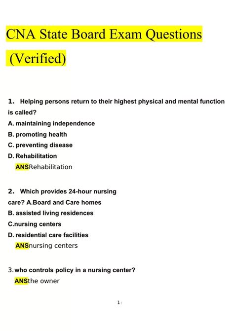 Cna State Board Exam Questions And Answers Verified