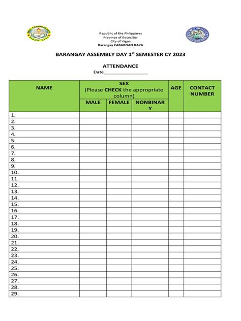 Attendance Sheet Brgy Assembly 2023 Pdf