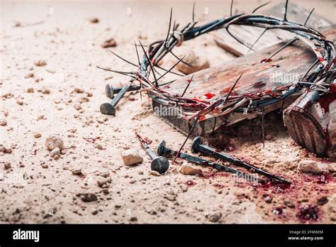 Bloody Nails Crown Of Thorns With Drops Of Blood Over Grunged