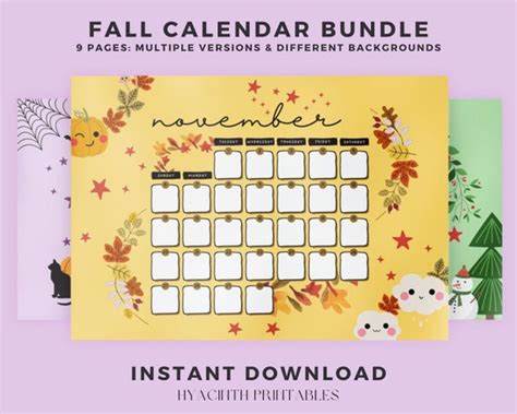 Printable Seasonal Fall Calendar Bundle October November - Etsy