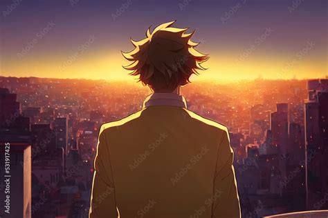 Anime Man Looking In The Distance At Sunset Manga Style Digital