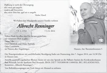 Albrecht Renninger Traueranzeige Trauer Infranken De