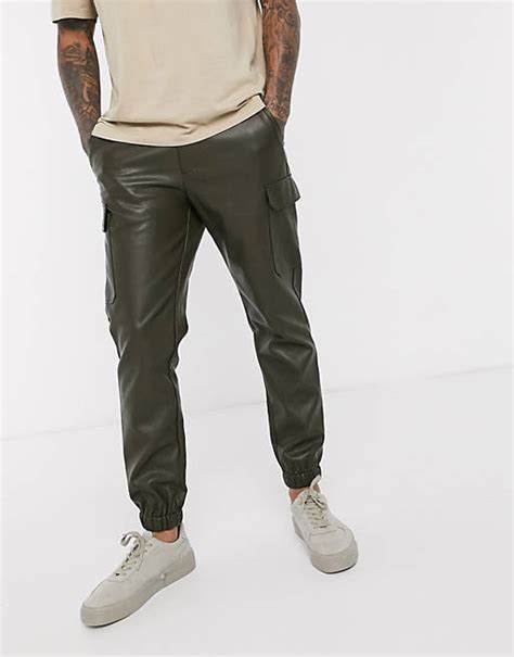 Asos Design Skinny Faux Leather Cargo Cuffed Pants In Green Asos