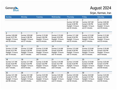 August 2024 Sunrise And Sunset Calendar For Sirjan PDF Excel Word