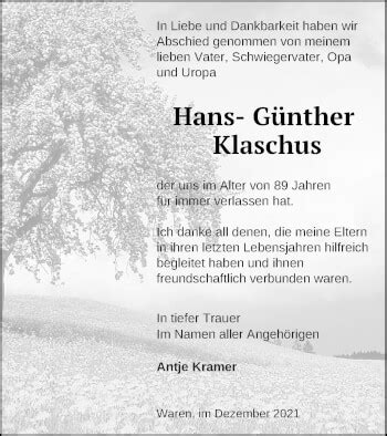 Traueranzeigen von Hans Günther Klaschus Trauer Nordkurier