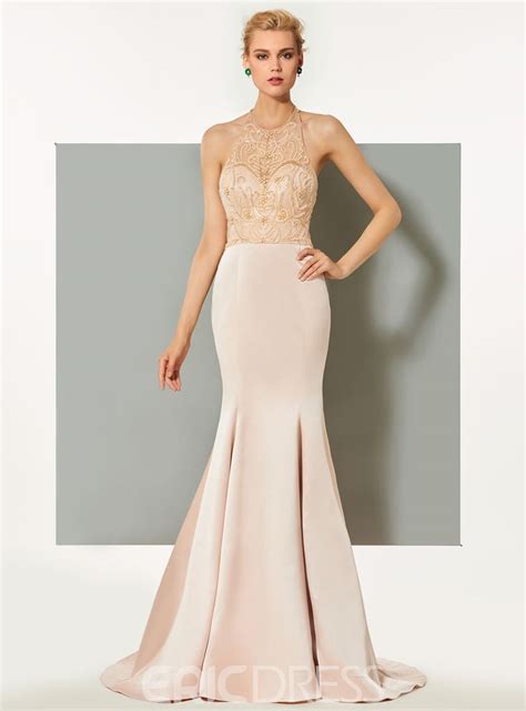 Ericdress Halter Beaded Mermaid Evening Dress With Sweep Train Material