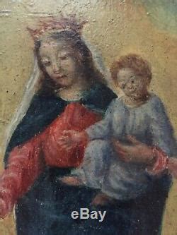 Tableau Ancien Xixe Portrait De La Vierge Marie Huile Sur Panneau Eme