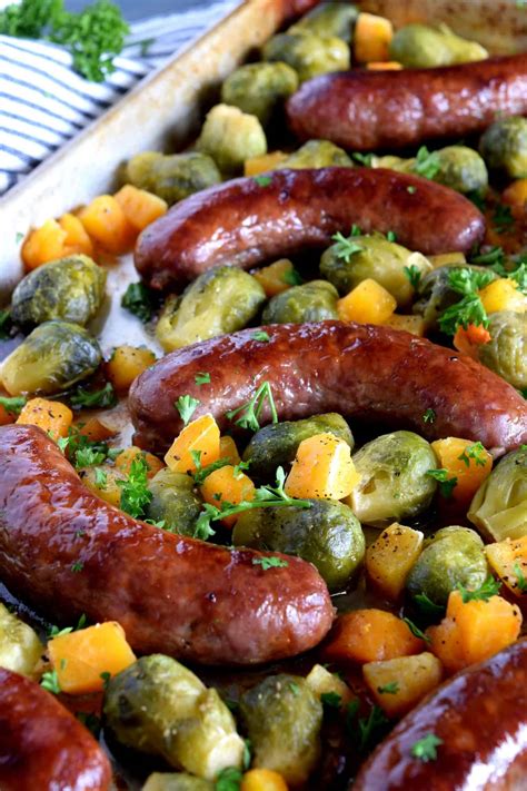 Roasted Sausage With Brussels Sprouts And Butternut Squash Lord Byron